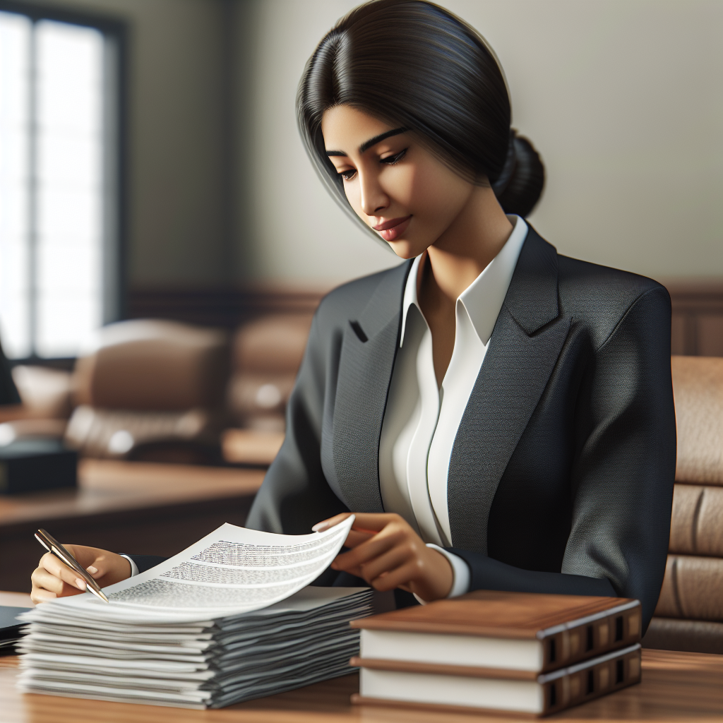 Realistic stock image of lawyer reviewing documents